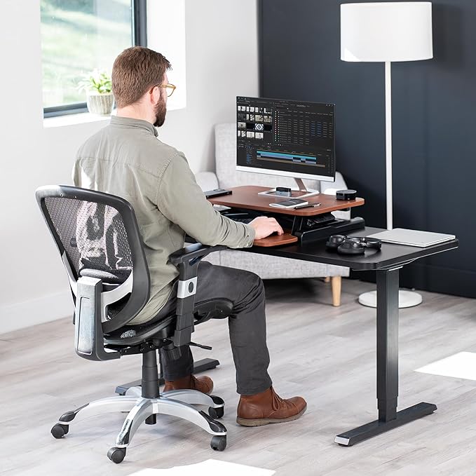VIVO 26 inch Desk Converter, K Series, Height Adjustable Sit to Stand Riser, Dual Monitor and Laptop Workstation with Keyboard Tray, Dark Walnut Top, Black Frame, DESK-V026KA