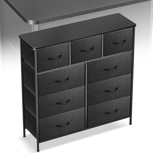 Curved Profile Dresser for Bedroom, Chest of Drawers, 9 Storage Drawers Organizer Unit, Black Dresser with Fabric Bins for Closet, Living Room, Kid Room (Charcoal Black)