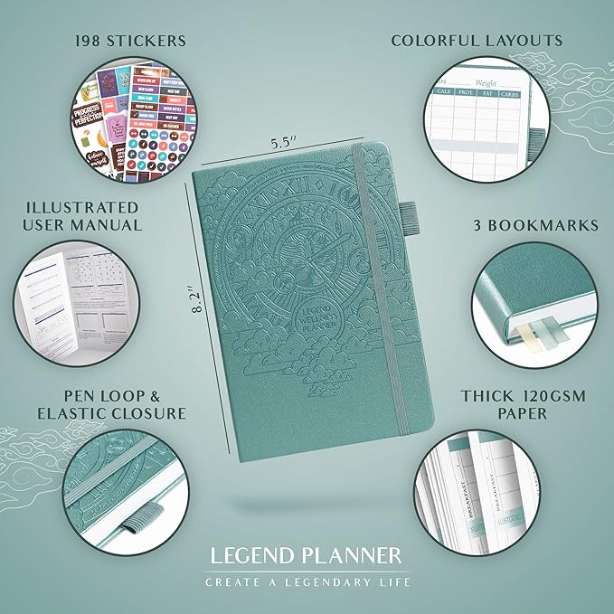 Legend Wellness Planner & Food Journal – Daily Diet & Health Journal with Exercise & Weight Loss Tracker – Nutrition Diary, 6 Months (Aquamarine)