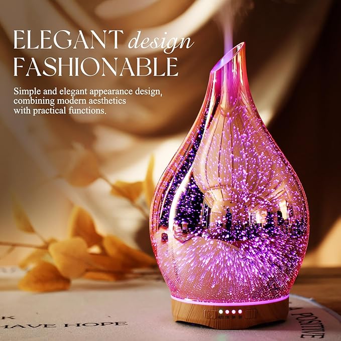 Porseme 280ml Essential Oil Diffuser, 3D Glass Aromatherapy Diffusor, Ultrasonic Cool Mist BPA Free Aroma Humidifier with Timer and Color Changing Function, Waterless Shut-Off for Home Office Room