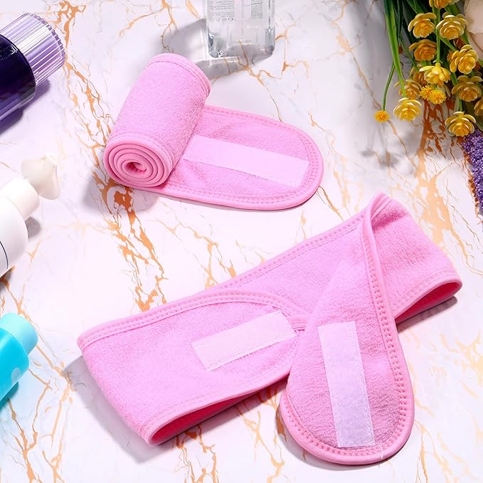 Hoteam 30 Pack Spa Headband Facial Esthetician Hair Wrap for Women Adjustable Makeup Sports Shower Stretch Towel with Tape(Pink)