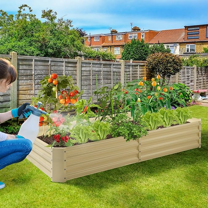 Land Guard 8×4×1ft Galvanized Metal Raised Garden Bed, Metal Planter Kit Box Outdoor for Deep-Rooted Vegetables, Flowers, Green and Herbs (Cream Yellow)…