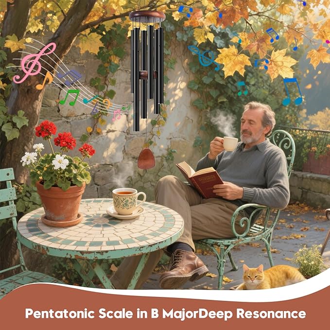 Aluminum Wind Chimes for Outdoor Garden and Yard with Soothing Deep Tones, Creates a Peaceful Ambiance with Sophisticated Wind Catcher, Ideal Calming Gift for Families (Black, 37 Inches)