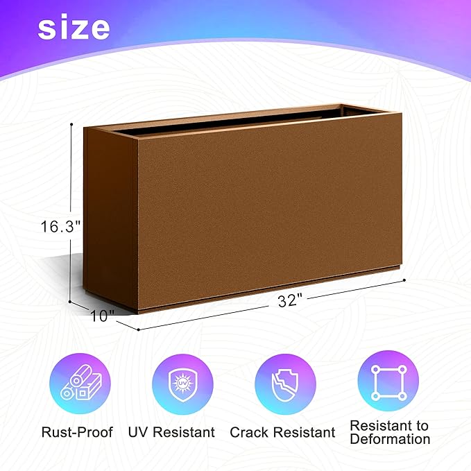 Tall Metal Planter, 10" W×16.3" H Large Rectangular Planter Box for Outdoor or Indoor, All-Weather Durable Plant Box with Drainage Holes & Removable Shelf for Patio, Porch, Garden, Trees, Flowers