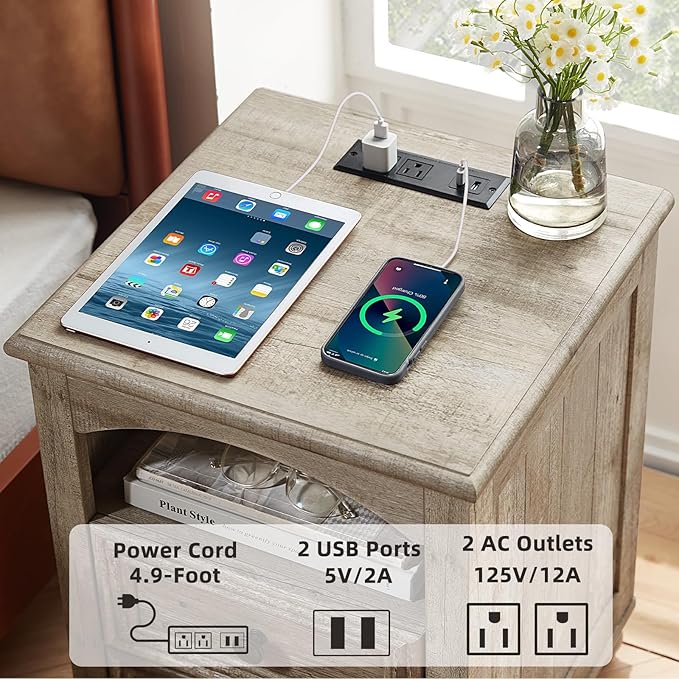 18" Farmhouse Night Stand Set of 2 with Charging Station, Gray Wood Nightstand with 2 Drawers, Bedside End Table with Shelf Storage, Bed Side Tables for Bedroom, Living Room, and Closet