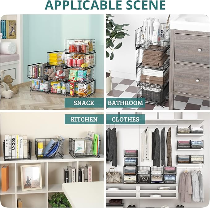 4-Tier Stackable Closet Organizers and Storage Shelves, Clothes Storage Basket, Clothes Shelf Organizer Sweater Organizer Bins Container for Wardrobe Kitchen Bathroom Office, Black