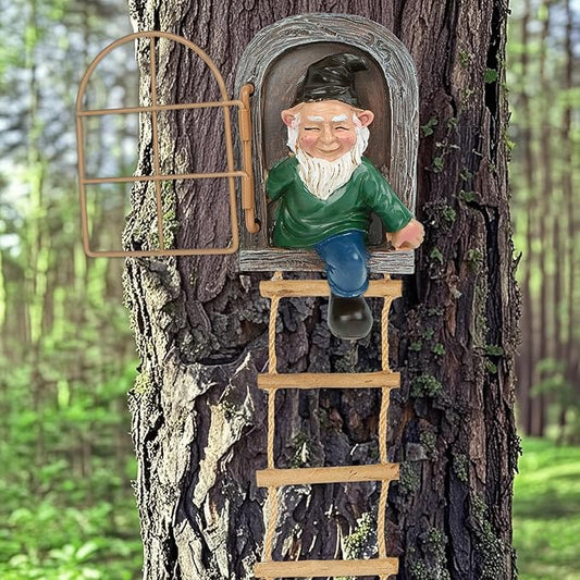 Garden Gnomes Decoration Outdoor Tree Faces Decor with Hanging Ladder for Yard, Elf Out The Door Tree Hugger Resin Garden Sculpture Peeker Yard Art Ornament Whimsical Gnome Decor for Patio Yard Lawn