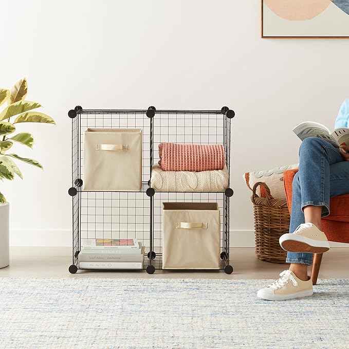 Amazon Basics 4 Cube Storage Organizer - Wire Grid Closet and Shelves, Stackable, Black 14"x14"x14"