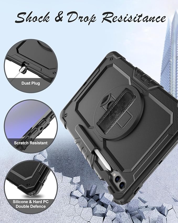 Case for Samsung Galaxy Tab S10 Plus/ S9 FE Plus/ S9 Plus 5G Tablet Case 12.4 inch [with Tempered Glass Screen Protector], Rotatable Kickstand, S Pen Holder, Hand/Shoulder Strap (Black)