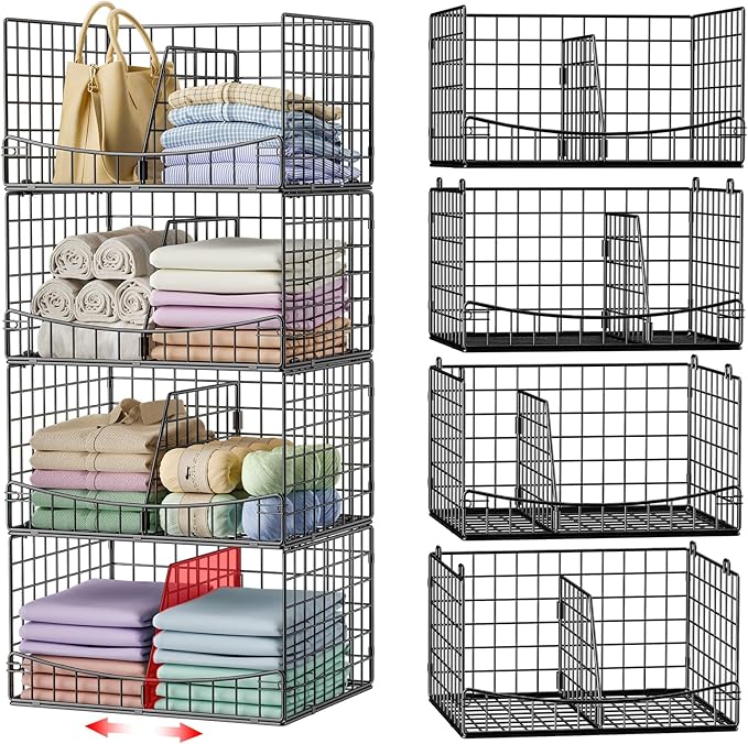 4-Tier Closet Organizers and Storage Shelves with Divider, Stackable Closet Shelf Organizer Basket Bins, Clothing Sweaters Storage Container for Wardrobe Cupboard, Black