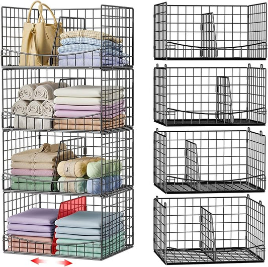 4-Tier Closet Organizers and Storage Shelves with Divider, Stackable Closet Shelf Organizer Basket Bins, Clothing Sweaters Storage Container for Wardrobe Cupboard, Black