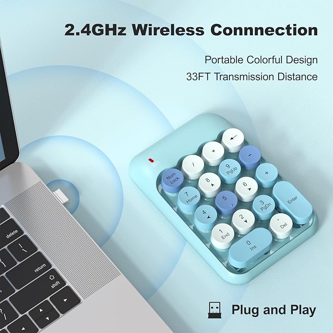 Wireless Number Pads, Cute Colorful Numeric Keypad Numpad Portable 2.4 GHz Financial Accounting Number Keyboard Extensions, 18 Key Number Numpad for Laptop Desktop, PC (Blue)