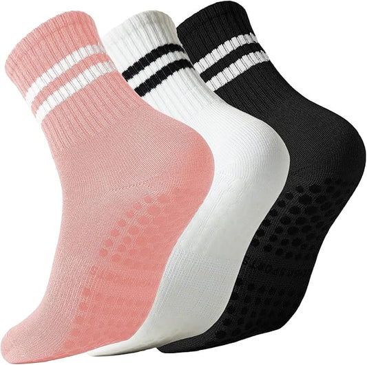 Pilates Socks with Grips for Women Grippy Non Slip Crew Socks for Yoga Barre Hospital Striped 3 Pairs