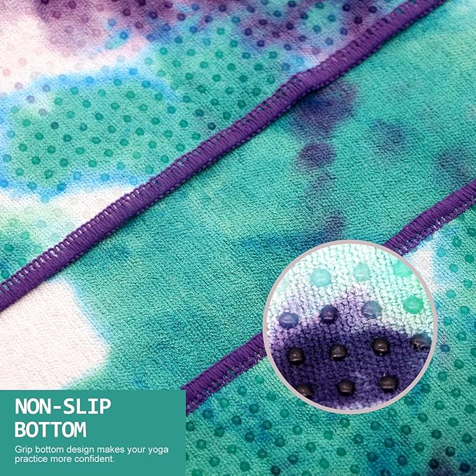 Eunzel Hot Yoga Towel - Microfiber Non Slip Yoga Mat Towel with Grip Dot Sweat Absorbent Towel for Hot Yoga, Pilates and Fitness 72" x 24", Green & Purple/Purple