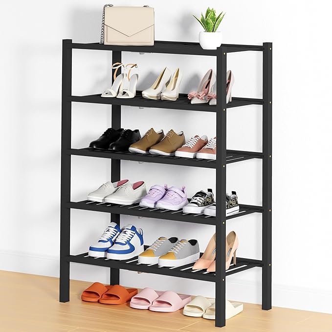 Smiry Shoe Rack, 5 Tier Thick Bamboo Shoe Organizer, Stackable Free Standing Wooden Shoe Storage Shelf for Closet, Entryway, Front Door Entrance, Black