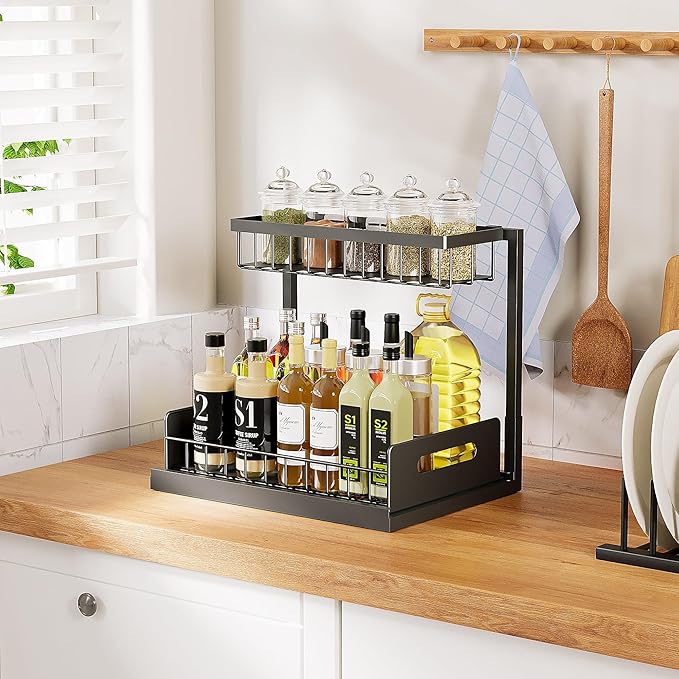 VUSIGN Under Kitchen Sink Organizer 2 Tier, Pull Out Under Sink Organizers and Storage, Bathroom Cabinet Kitchen Organization Storage Shelf, 1 Pack Black