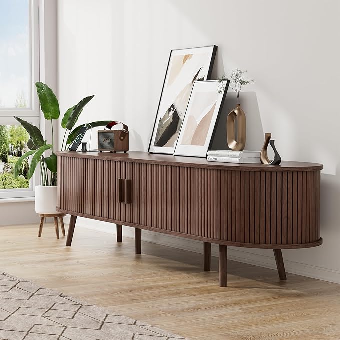 Alohappy 69" Mid Century Modern TV Stand with Power Outlet, Farmhouse Curved Edge TV and Media Console Table with Drawer and Shelf, Fluted Entertainment Center for Living Room, Bedroom, Walnut