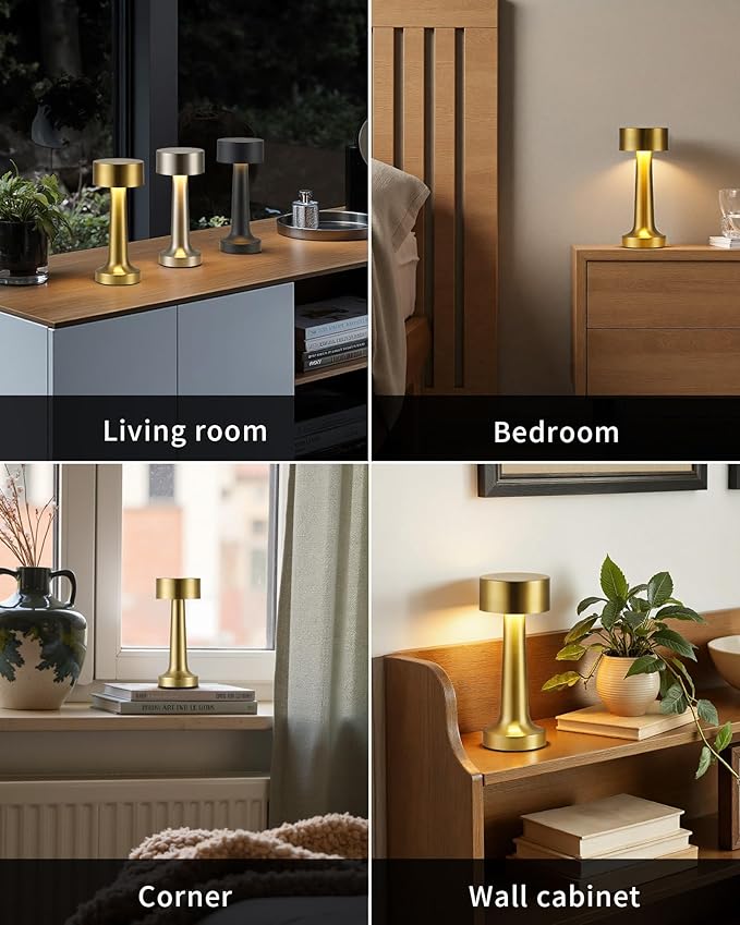PUSU Cordless LED Gold Small Table Lamps Set of 2, Portable Rechargeable 4000mAh Battery Operated Desk Lamp, 3 Color Stepless Dimming for Kids, Restaurant, Bedside, Outdoor, Bar, Night Light, Gift