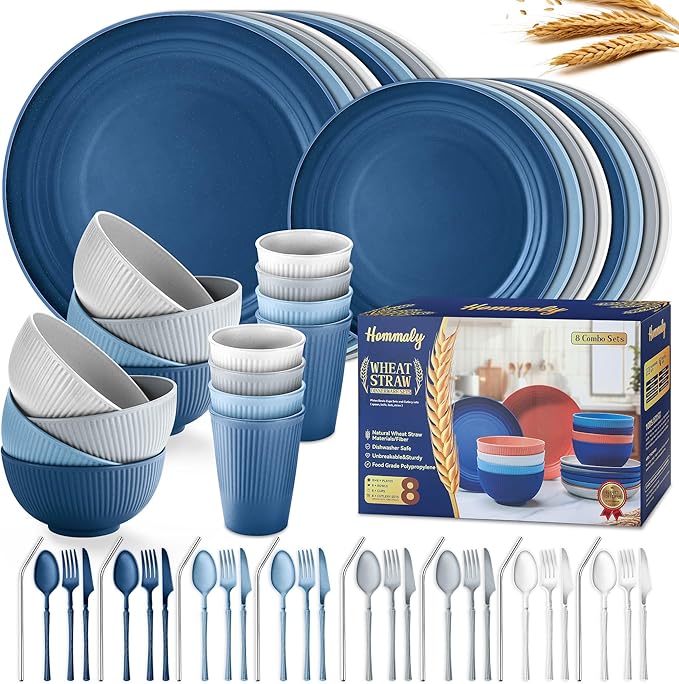 Wheat Straw Dinnerware Sets,64-Piece Plates and Bowls Sets for 8-Unbreakable,Reusable Plastic Dish Set-Dinner Plate/Dessert Plate/Cereal Bowl/Cup/Utensils-Microwave Dishwasher Safe 64P-Oecan Resort