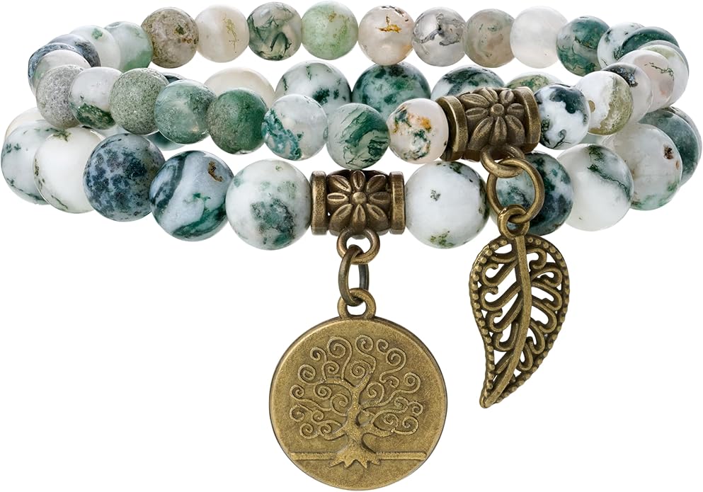 Bivei Natural Semi Precious Gemstone beads bracelet for women - Life Tree and Leaf Charm Energy Reiki Crystal Stretch Bracelets