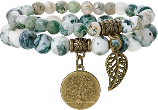 Bivei Natural Semi Precious Gemstone beads bracelet for women - Life Tree and Leaf Charm Energy Reiki Crystal Stretch Bracelets