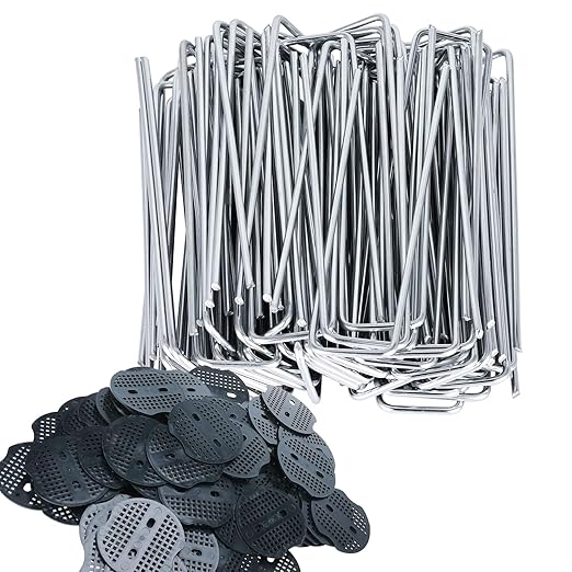 Finderomend 200 Pack Landscape Staples and 200 Pack Gaskets, 11 Gauge 6in Galvanized Steel Garden Staples with Black Pad for Landscape Fabric Supplies for Weed Barrier Fabric