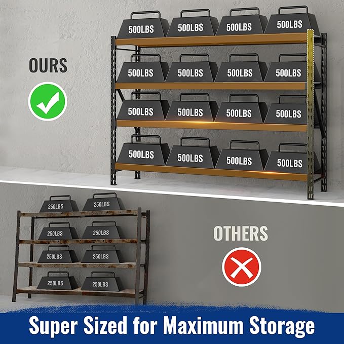 WORKPRO 77" Garage Shelving Unit, 8000LBS Heavy Duty Metal Storage Rack, Extra Wide Adjustable 4-Tier Shelves for Warehouse, Basement, and Garage, 77" W X 24" D X 72" H, Black