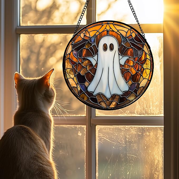 Stained Glass Window Hanging Halloween White Horror Ghost Large 11.8" - Suncatcher Door Garden Kitchen Sun Catcher Home Gothic Decor Birthday for Mom Men Woman Friend Grandma