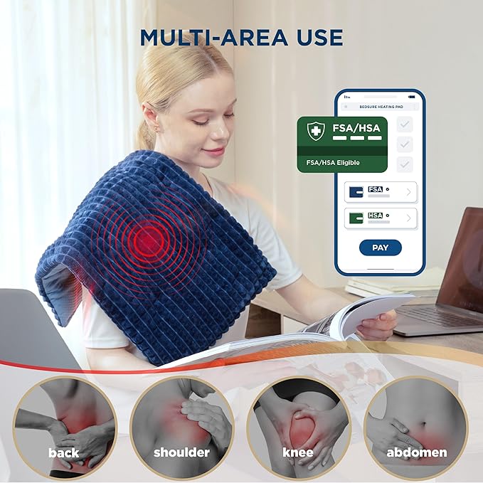 Bedsure Back Heating Pad for Neck and Shoulders, Weighted Heated Pad with Vibration, FSA Eligible Items, Birthday Gifts for Women Men Mom Men, Auto Shut Off, 5lbs 12" x 24", Navy Blue