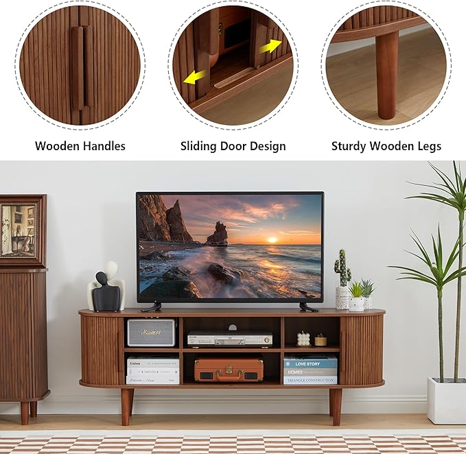 TV Stand, Media Console Table with Sliding Door and Storage Compartment, Modern Entertainment Center with Storage for Living Room, Bedroom, Home Office (Walnut)