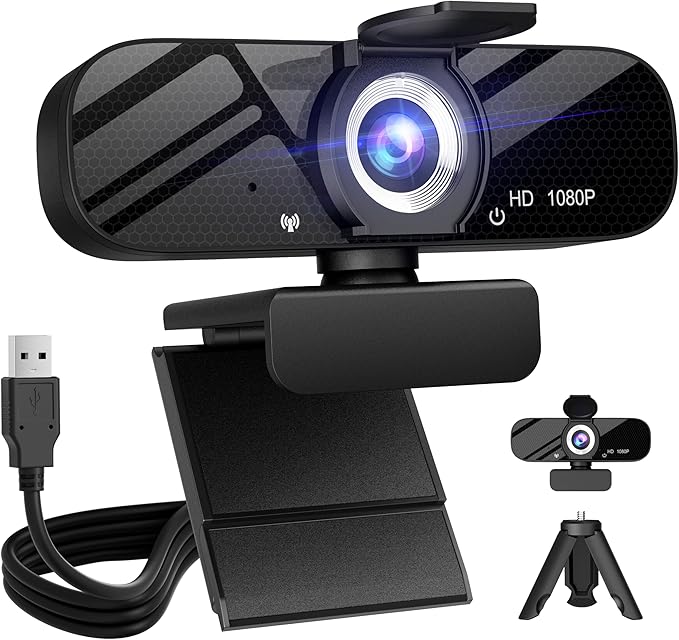 Full HD Webcam with Built-in Microphone and Rotatable Tripod, 1080P Video and Wide Angle Camera, Privacy Cover, for Desktop PC or Laptop Computer