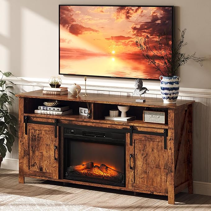 VINGLI Fireplace TV Stand with Sliding Barn Door for 70 Inch TV, Farmhouse Entertainment Center with 23" Fireplace, Media Console Table with Storage Cabinets for Living Room, Rustic Brown