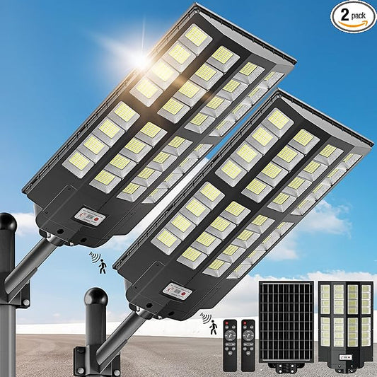 8000W Solar Street Lights Outdoor - Wide Angle Solar Lights Outdoor Motion Sensor,Solar Parking Lot Lights Dusk to Dawn,7000K LED Street Lights Solar Powered for Commercial,Yard(2 Pack)