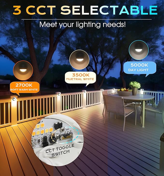 CLOUDY BAY [12 Pack] 3CCT Low Voltage LED Deck Lights Outdoor,2700K/3500K/5000K Selectable,Landscape Step Stair Railing Fence Light Wired,3W,12V-24V AC/DC Deck Lighting Fixtures,White