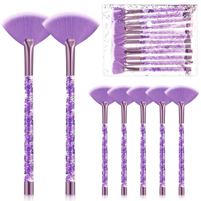 12 Pcs Fan Brushes for Facial Mask Brushes with Glitter Quicksand Handle Cosmetic Facial Fan Brush Soft Facial Mask Brush Applicator Facial Peel Applicator Face Mask Tools with Pouch (Purple)