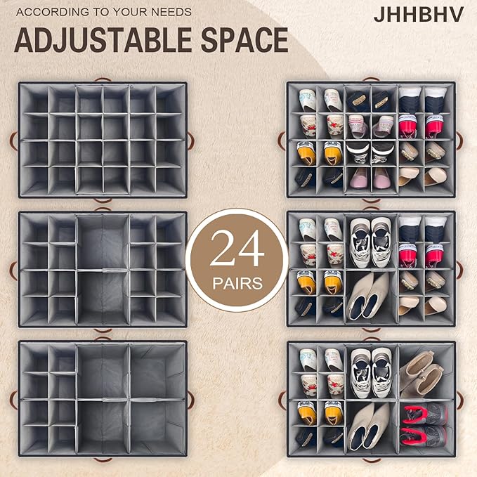 1 Pack Shoe Organizer for Closet, Adjustable Shoe Box Storage Containers, Large Foldable Shoe Bins with Clear Cover, Space Saving Shoes Holder with 4 Handles, Fits 12-24 Pairs, Black