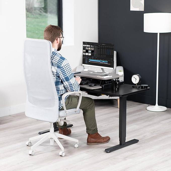 VIVO 26 inch Desk Converter, K Series, Height Adjustable Sit to Stand Riser, Dual Monitor and Laptop Workstation with Keyboard Tray, Gray Top, Black Frame, DESK-V026KG