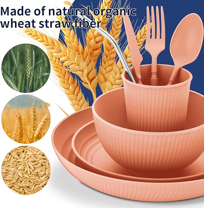 Wheat Straw Dinnerware Sets,64-Piece Plates and Bowls Sets for 8-Unbreakable,Reusable Plastic Dish Set-Dinner Plate/Dessert Plate/Bowl/Cup/Utensils-Microwavable Dishwasher Safe 64P-Coral Orange