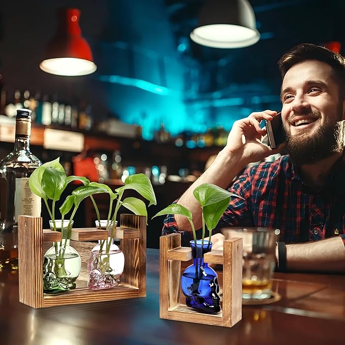 2+1 Plant Terrarium Plant Propagation Station Gifts for Father Halloween Skull Home Office Decor with Wooden Stand