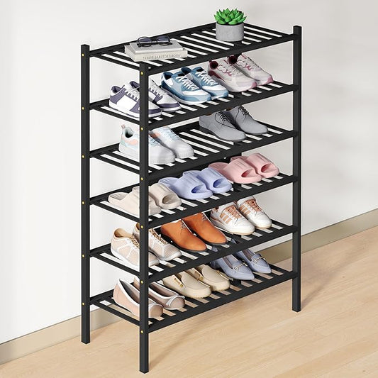 Smiry Bamboo Shoe Rack for Closet, 6 Tier Wooden Stackable Shoe Organizer, Free Standing Shoes Storage Shelf for Entryway, Front Door Entrance, Black
