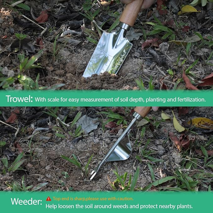 LeMotech Garden Tool Set, 2Pcs Gardening Hand Tools, Stainless Steel Transplant Shovel and Weeder with Handle, Outdoor Gardening Kit for Women Men
