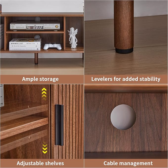 54" Fluted TV Stand with Storage, Mid Century Modern TV Console with Tambour Sliding Doors, Curved Entertainment Center, Media Console for Living Room, Bedroom (Walnut)