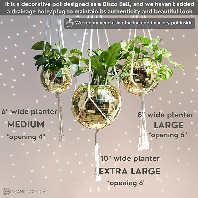 SCANDINORDICA Disco Ball Planter – Value Package: Mirror Disco Planter with Chain, Macrame Hanger and Acrylic Stand for Desk, Includes Self Watering Pot, Plant Accessories | 10 inch Gold