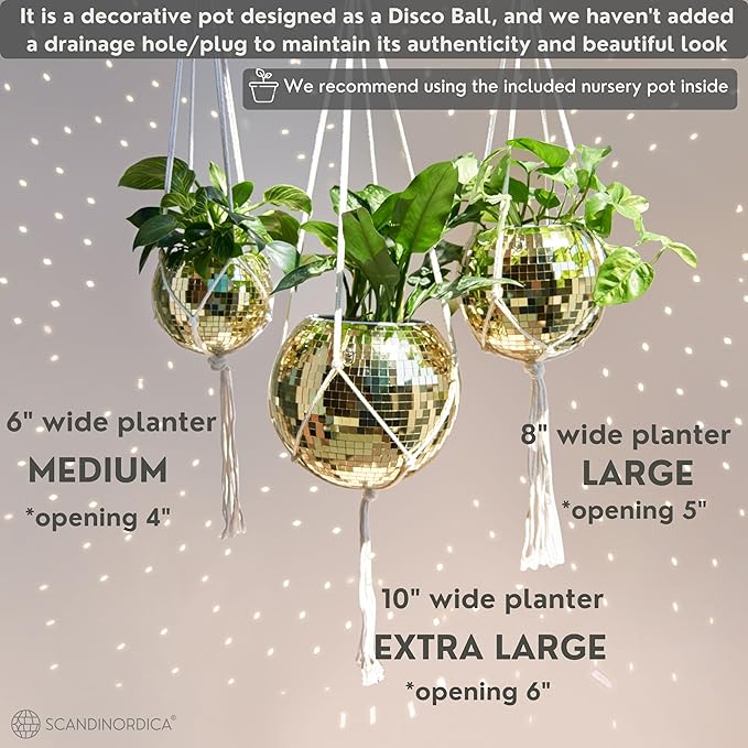 SCANDINORDICA Disco Ball Planter – Disco Ball Plant Hanger, Mirror Disco Planter with Chain, Macrame Hanger, Acrylic Stand and Insert Pot, Hanging Planter | Disco Ball Decor – 20 cm (8“) Gold
