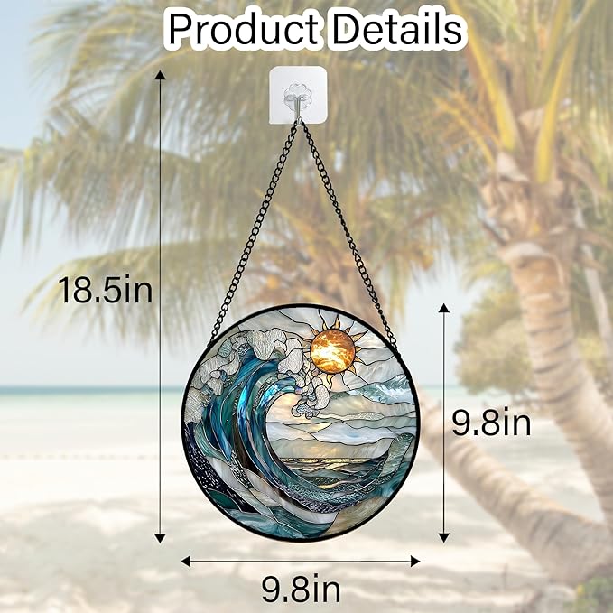 Stained Glass Window Hanging, Blue and White Waves Suncatcher Diamond Glass Panel Landscape Sun Catchers Decor for Birthday for Women, Men, Wife, Aunt, and Mom 9.8 in