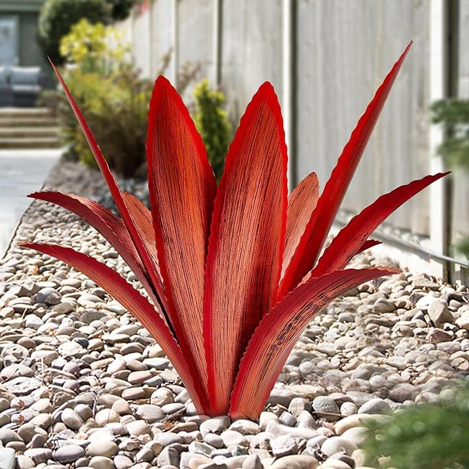 TOMBABY Enlarge Thickened Wind Resistant Metal Agave Garden Art Metal Plant Country Garden Sculpture Statue Outdoor Decoration Agave Metal Plant Courtyard Garden Lawn Ornament Gift (2, 12 Leaves red)