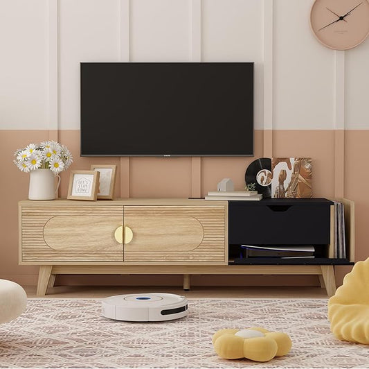 Modern TV Stand for TVs up to 70 Inch, Wood TV Cabinet, Entertainment Center with CD Storage Cabinet, TV Console Table with 2 Doors and Power Outlets, for Living Room (Natural & Black)