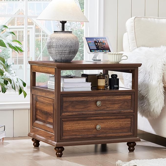 24" Wide Farmhouse Night Stand Set of 2,Large End Table with 2 Drawers & Metal Handle,Brown Wood Dresser for Bedroom, Bed Side Table Chest of Drawers Cabinet, Nightstand for Living Room,Closet