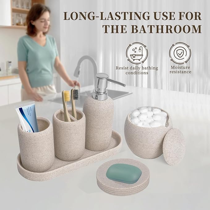 Bathroom Accessory Set, 6PCS Beige Bathroom Accessories - Soap Dish, Lotion Dispenser, Toothbrush Holder, Mouthwash Cup, Tray, Cotton Ball Jar, Aesthetic Decor Bathroom Sets