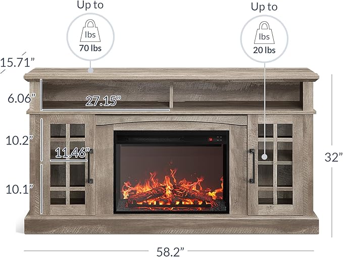 BELLEZE Traditional 58" Rustic TV Stand with 23" Electric Fireplace Heater with Sound, Media Entertainment Center Console Table for TV up to 65" with Open Storage Shelves and Cabinets - Ashland Pine
